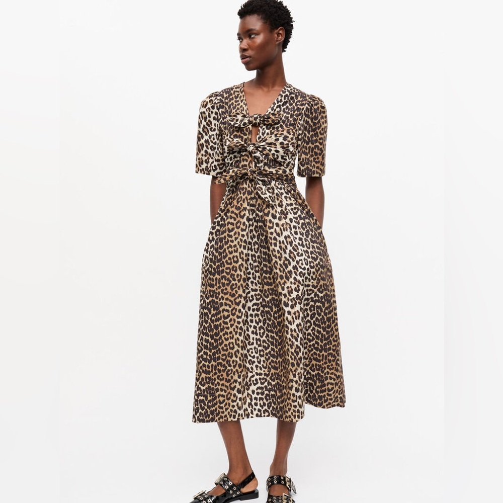 Ganni. NWT. Leopard Tie Front Dress. Spring Summer 2025. Size 42/ LG - Picture 2 of 12